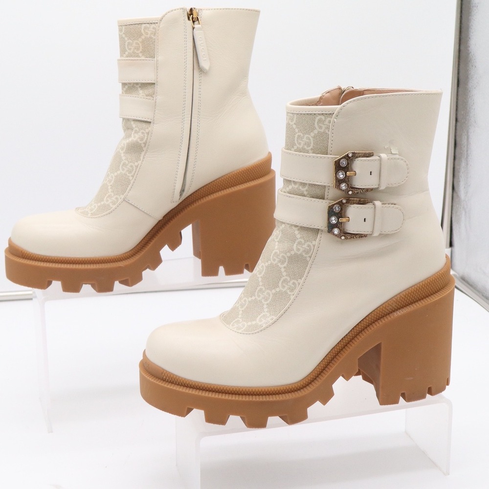 Gucci GG Supreme Leather Lug Sole Platform Buckle Ankle Boots White 38.5